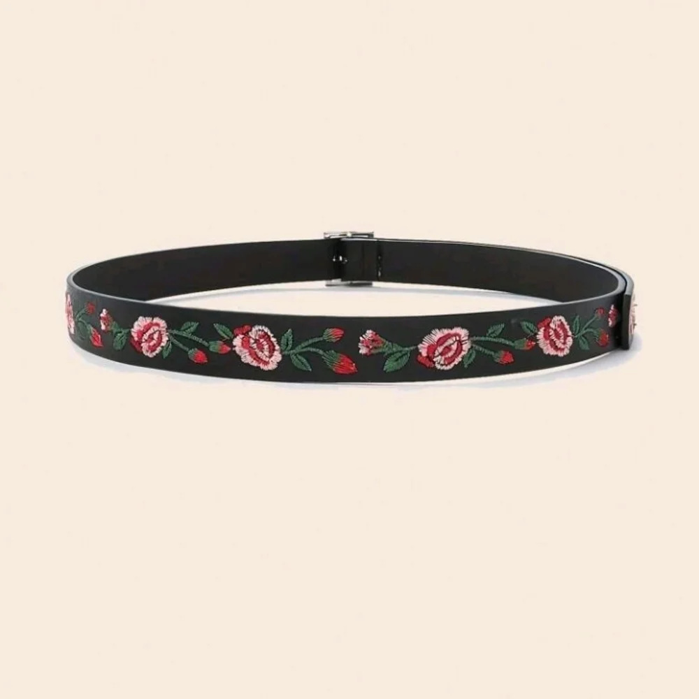 Boho Black Red Floral Embroidered Buckle Faux Leather Belt